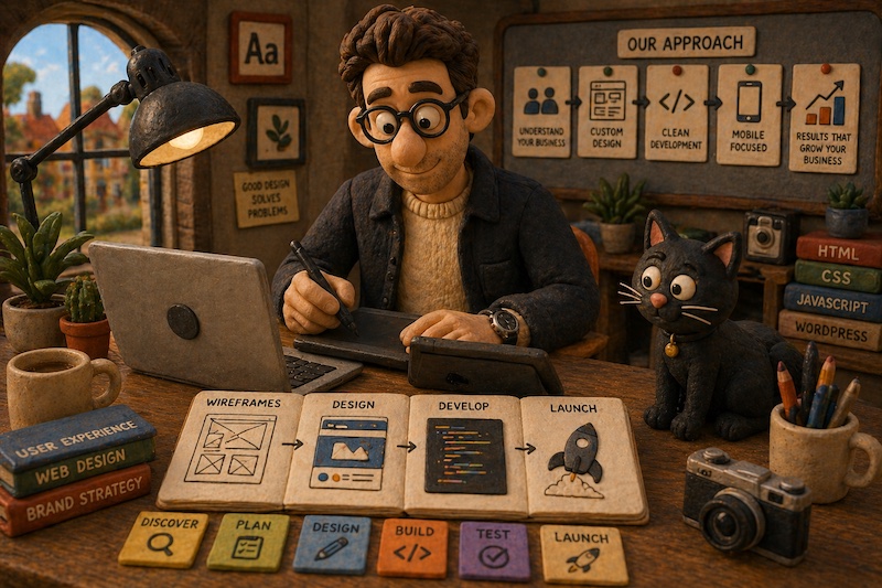 Miniature designer working through wireframes, design, development and launch steps