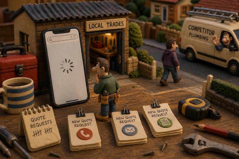 Miniature local trades scene showing a slow-loading website costing quote requests