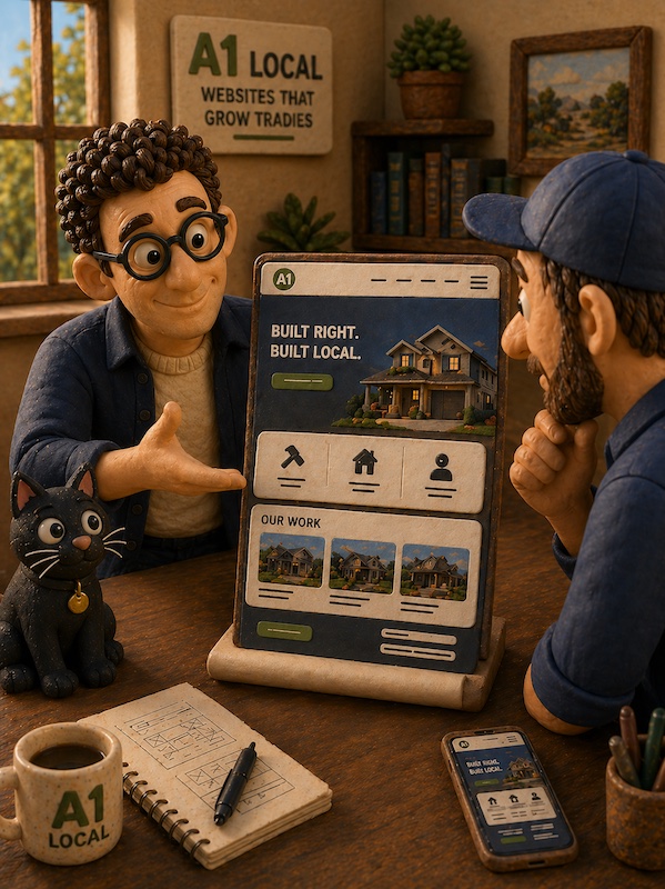 A1 Local website concept being shown to a tradie client.