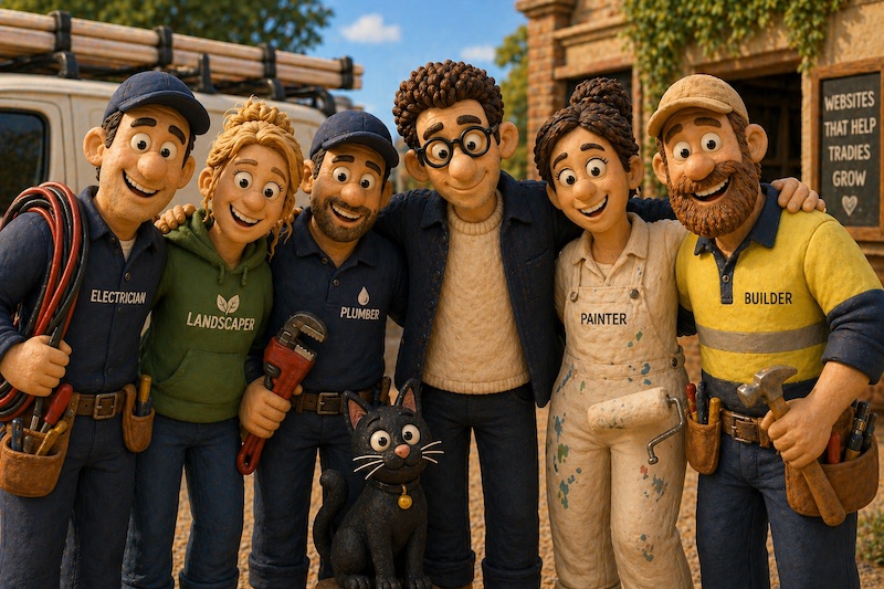 A1 Local with electrician, landscaper, plumber, painter and builder characters representing trade website industries.