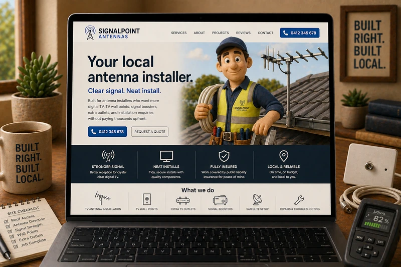 Antenna installer website mockup shown on a laptop