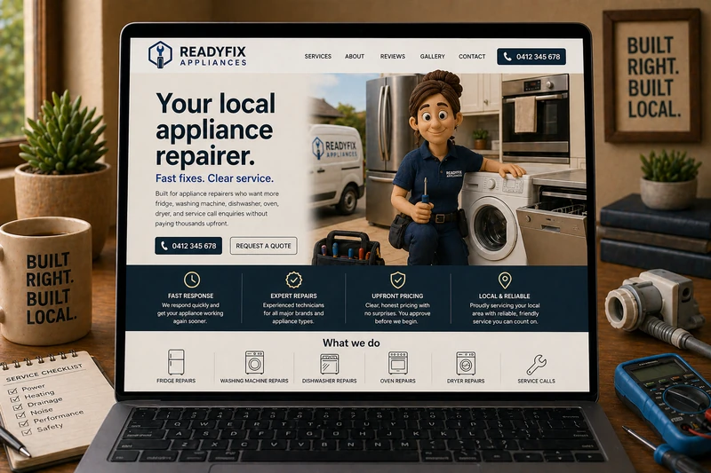 Appliance repairer website mockup shown on a laptop