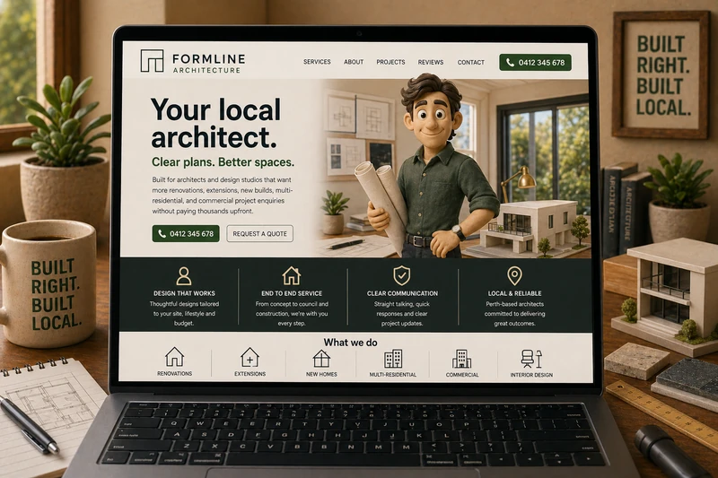 Architect website mockup shown on a laptop