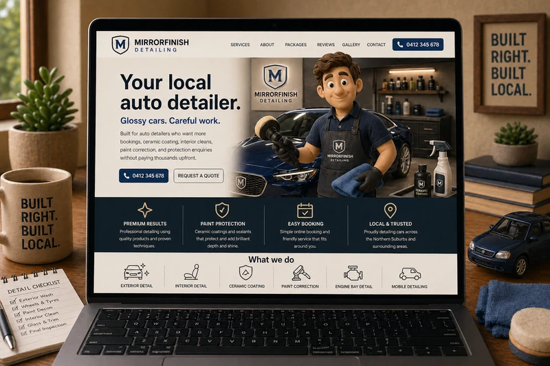 Auto detailer website mockup shown on a laptop
