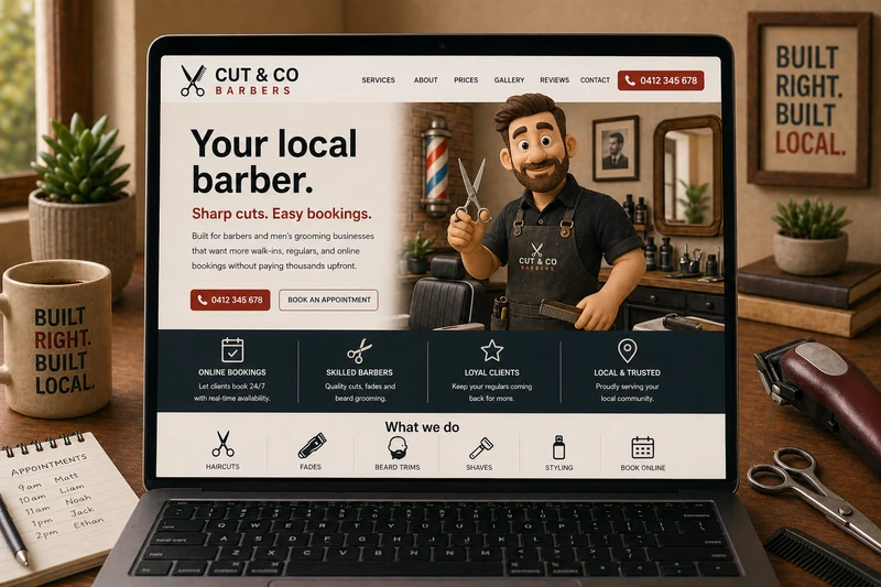 Barber website mockup shown on a laptop