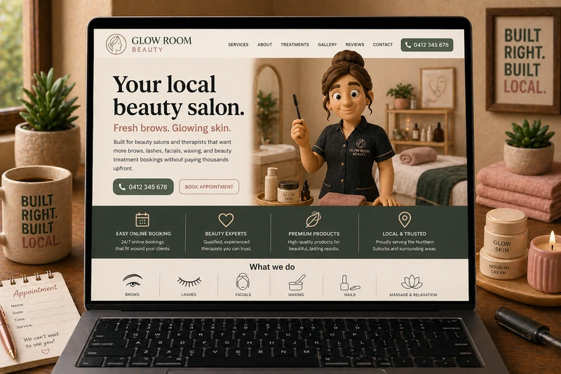 Beauty salon website mockup shown on a laptop