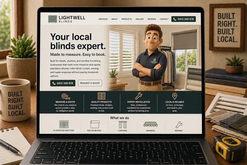 Blinds and shutter business website mockup shown on a laptop