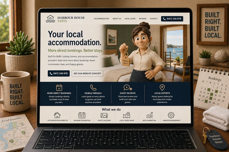 Accommodation provider website mockup shown on a laptop