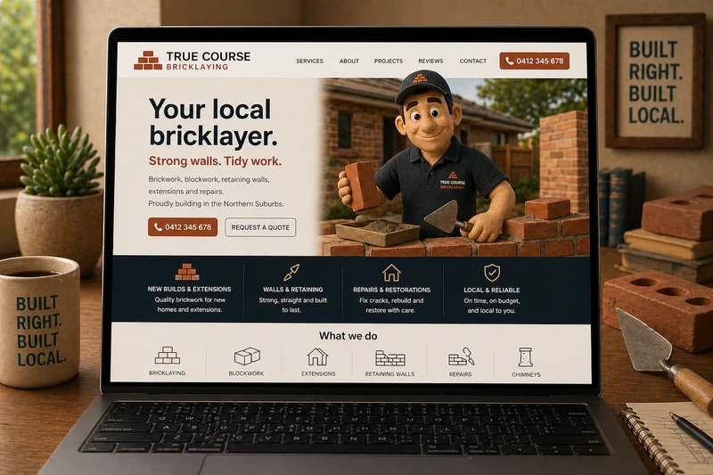 Bricklayer website mockup shown on a laptop