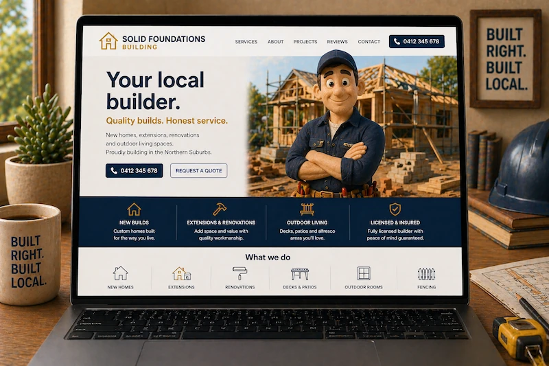 Builder website mockup shown on a laptop