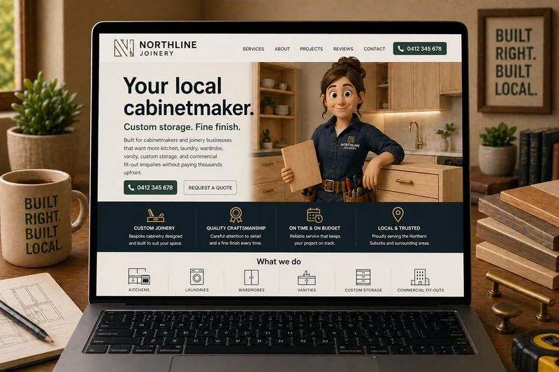 Cabinetmaker website mockup shown on a laptop