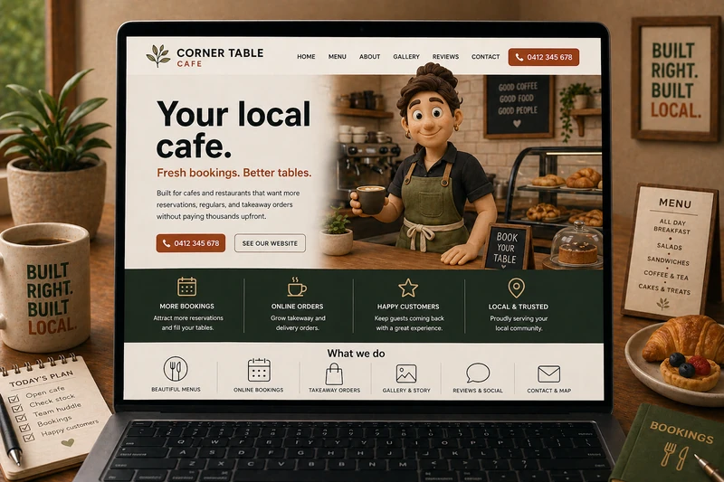 Cafe and restaurant website mockup shown on a laptop