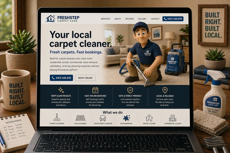 Carpet cleaner website mockup shown on a laptop