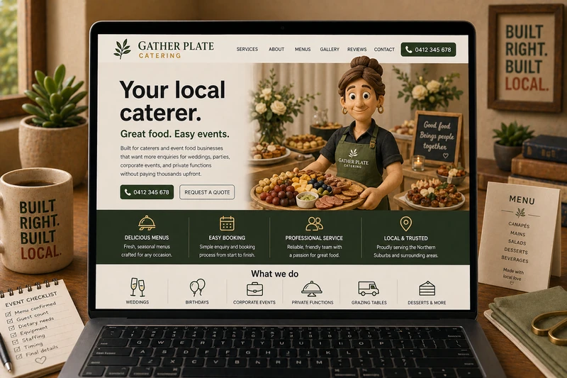 Caterer website mockup shown on a laptop