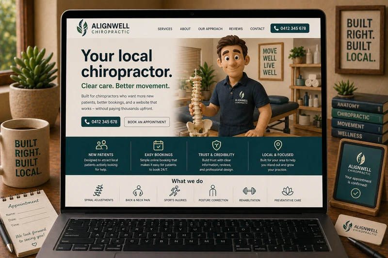 Chiropractor website mockup shown on a laptop