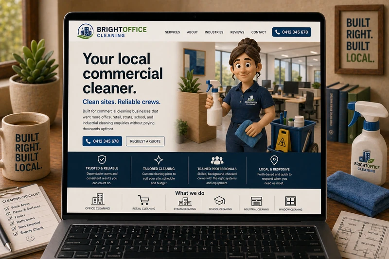 Commercial cleaner website mockup shown on a laptop
