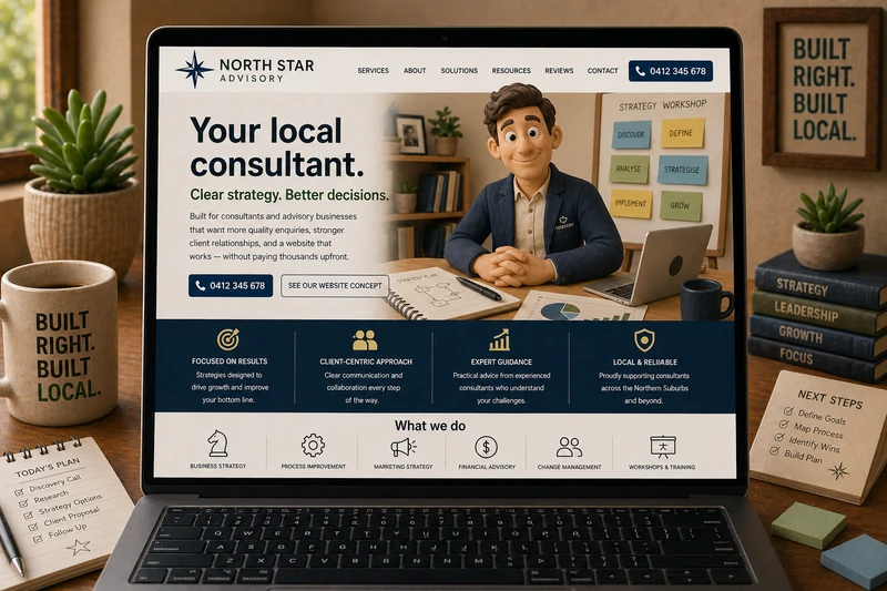 Consultant website mockup shown on a laptop