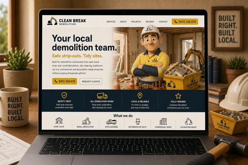 Demolition contractor website mockup shown on a laptop