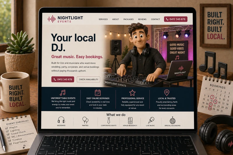 DJ and musician website mockup shown on a laptop