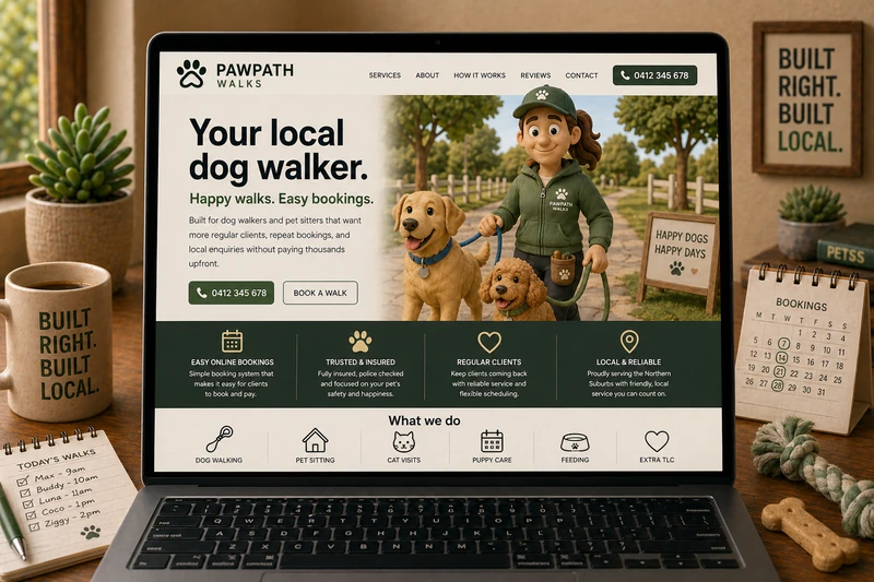 Dog walker website mockup shown on a laptop