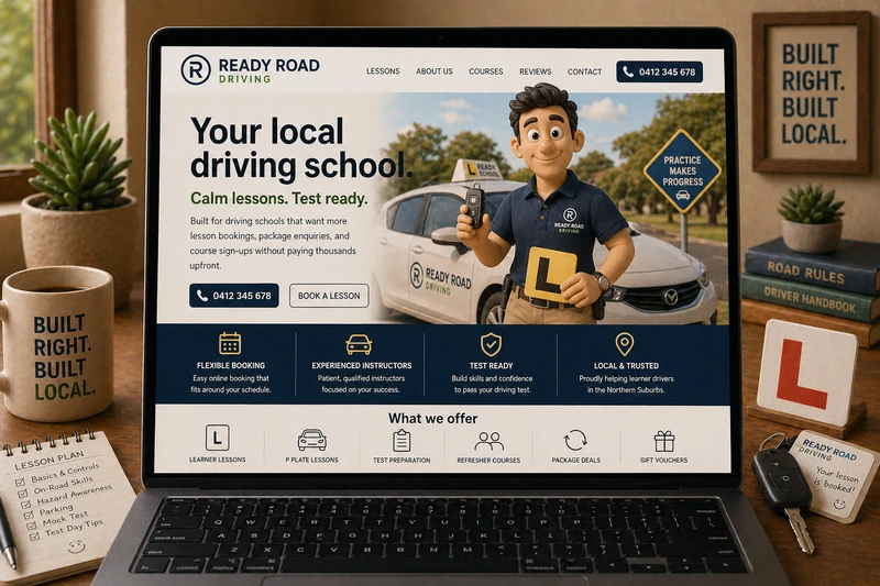 Driving school website mockup shown on a laptop