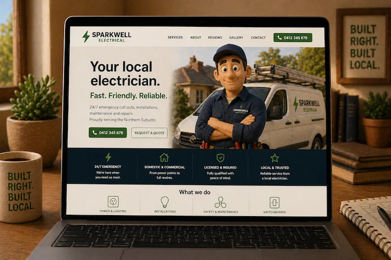 Electrician website mockup shown on a laptop