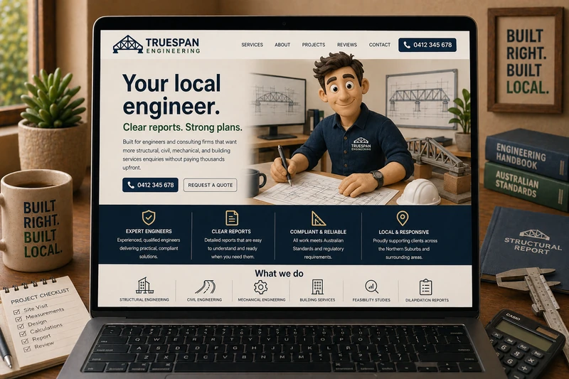 Engineer website mockup shown on a laptop