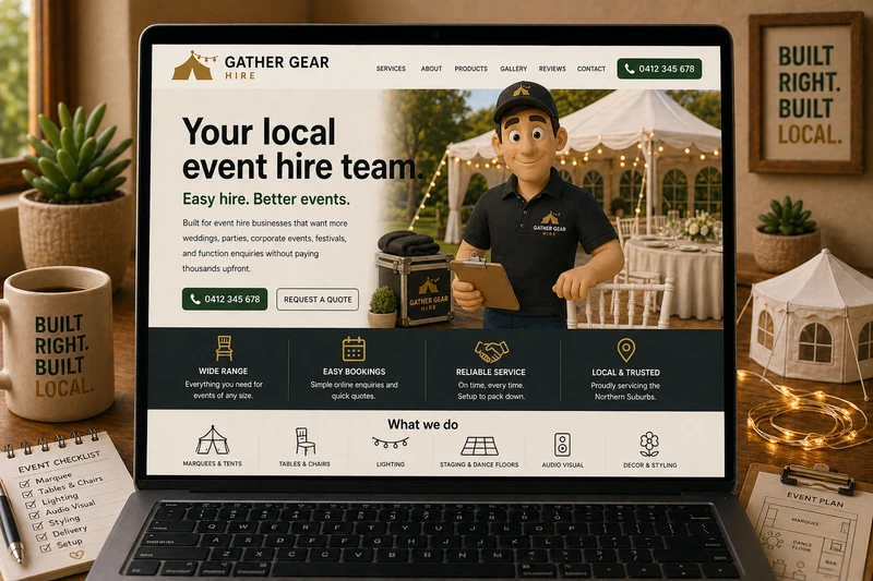 Event hire business website mockup shown on a laptop