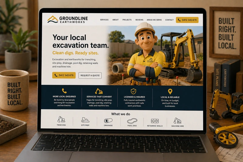 Excavation contractor website mockup shown on a laptop
