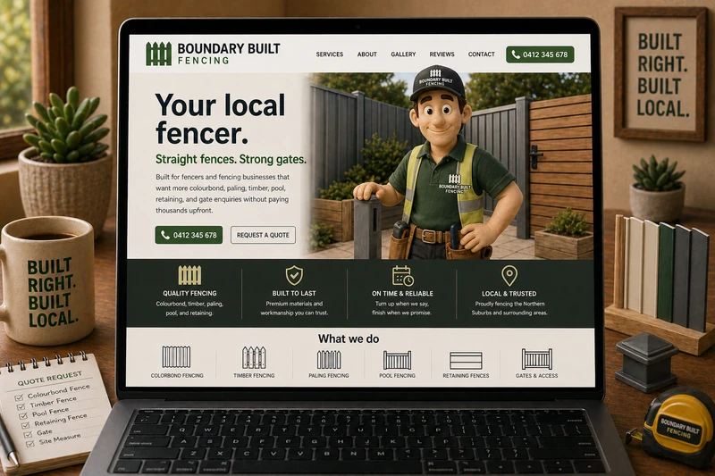 Fencer website mockup shown on a laptop