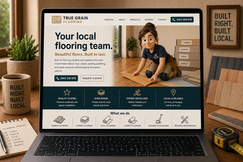 Flooring business website mockup shown on a laptop