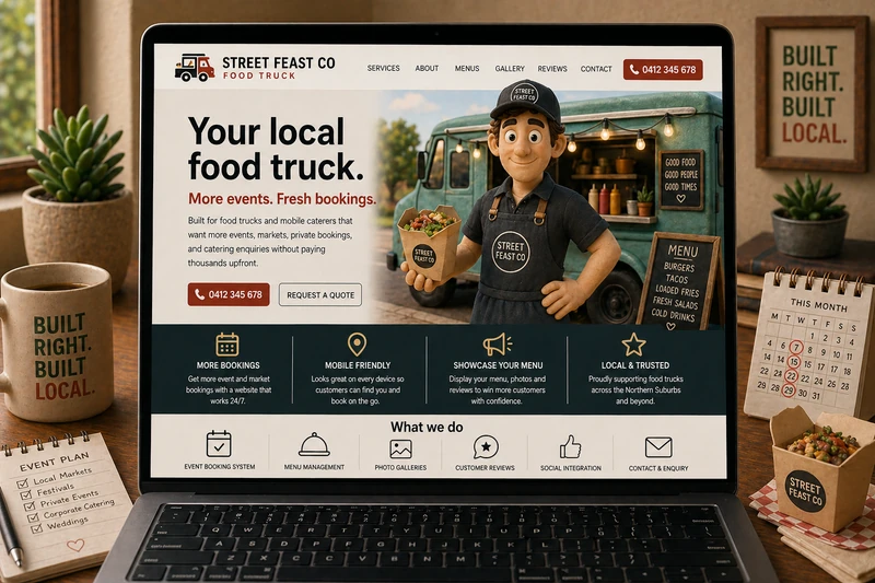 Food truck website mockup shown on a laptop