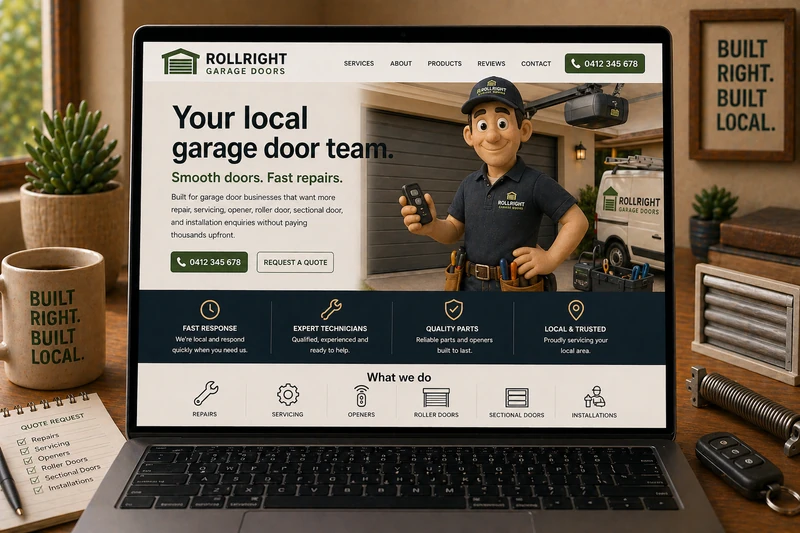 Garage door business website mockup shown on a laptop