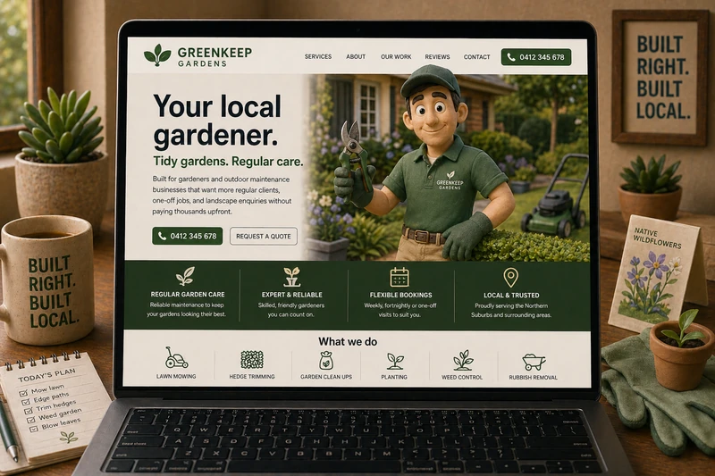 Gardener website mockup shown on a laptop