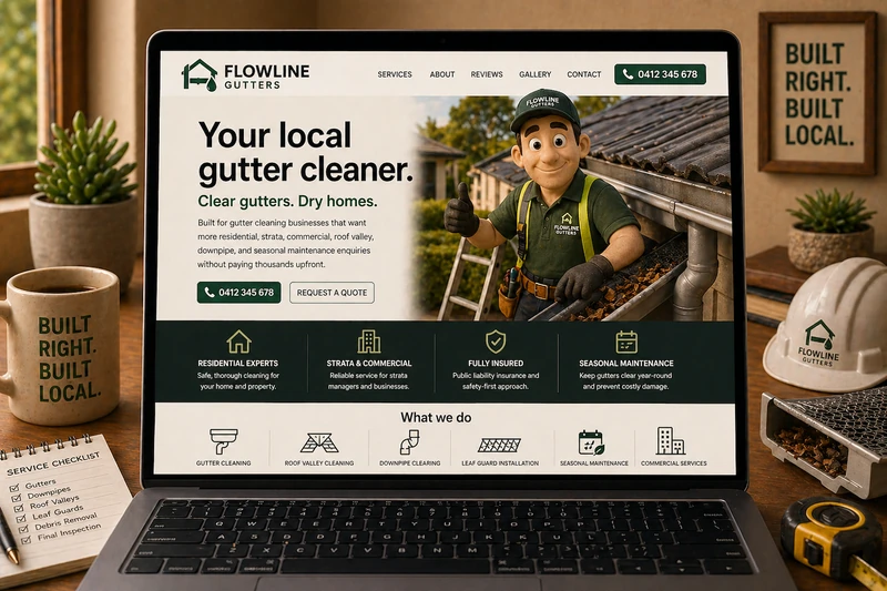 Gutter cleaning business website mockup shown on a laptop