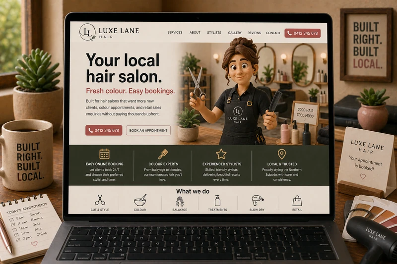 Hair salon website mockup shown on a laptop