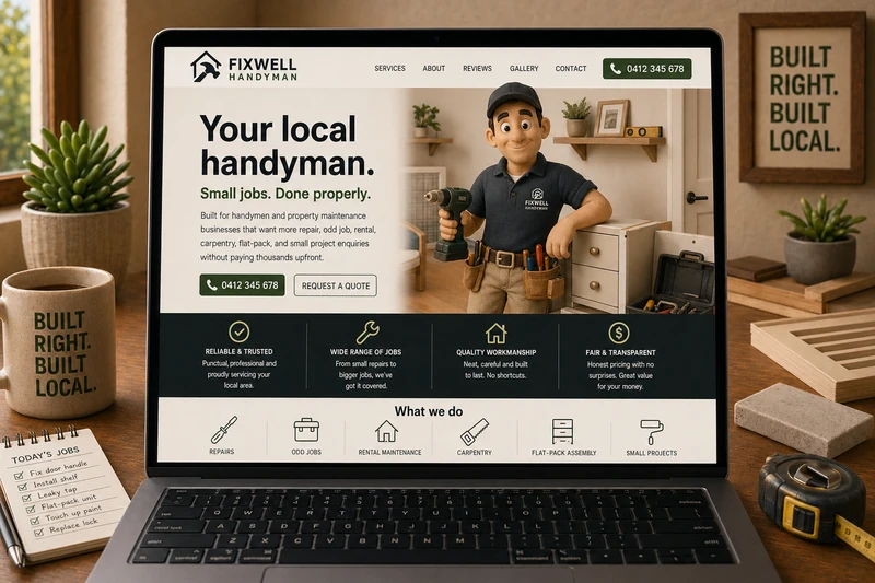 Handyman website mockup shown on a laptop