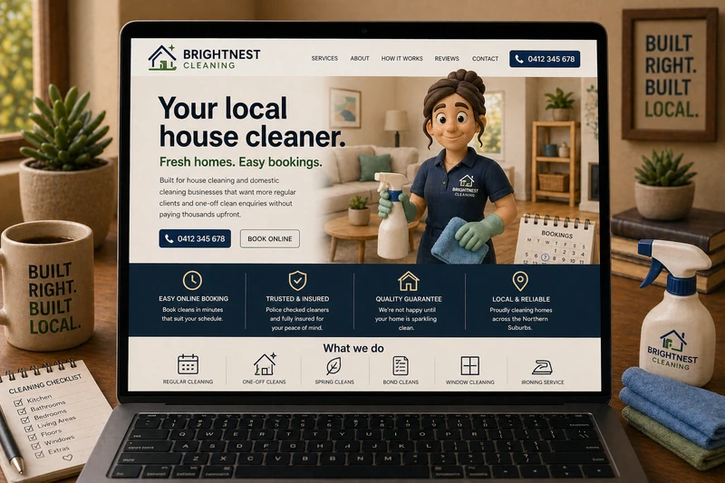 House cleaner website mockup shown on a laptop