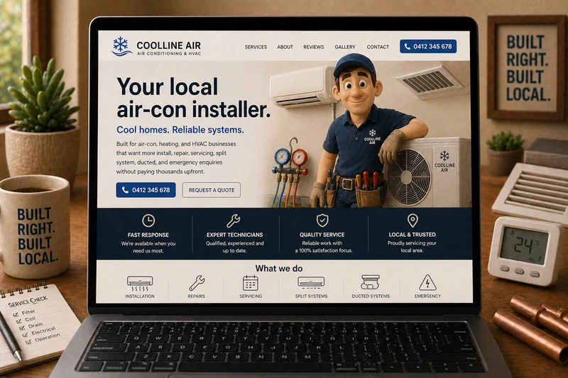 Air-con installer website mockup shown on a laptop