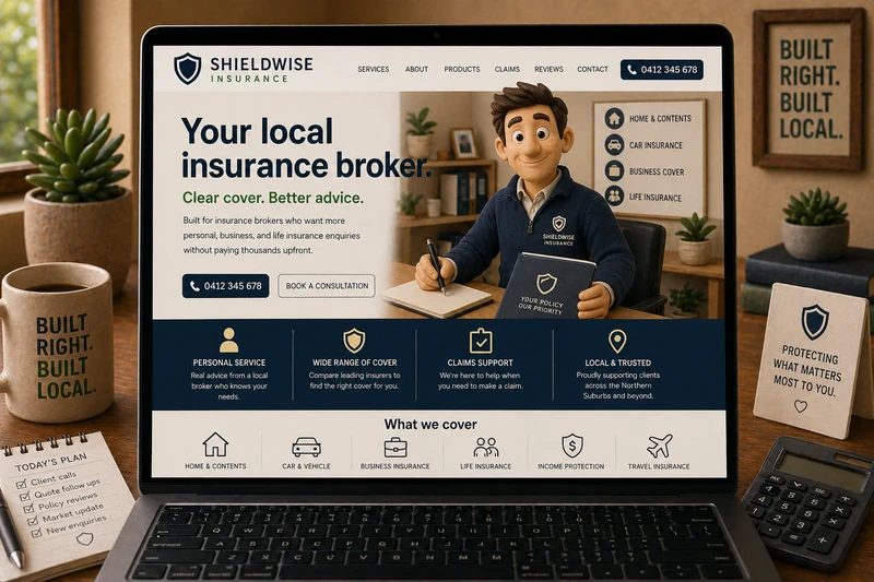 Insurance broker website mockup shown on a laptop
