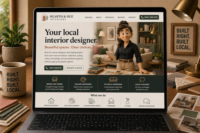 Interior designer website mockup shown on a laptop