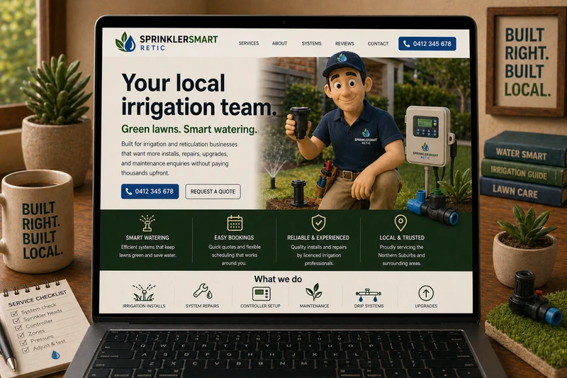 Irrigation business website mockup shown on a laptop