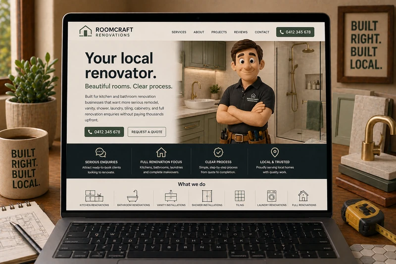Kitchen and bathroom renovator website mockup shown on a laptop