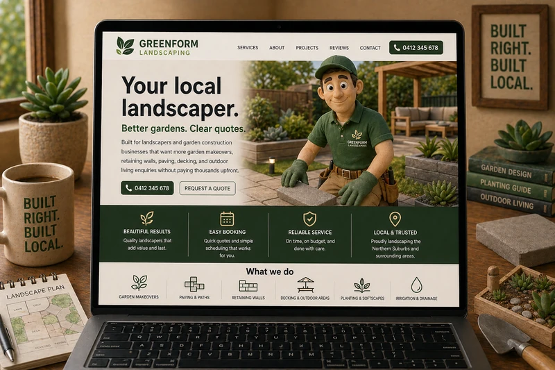 Landscaper website mockup shown on a laptop