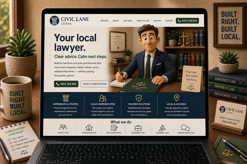 Lawyer website mockup shown on a laptop