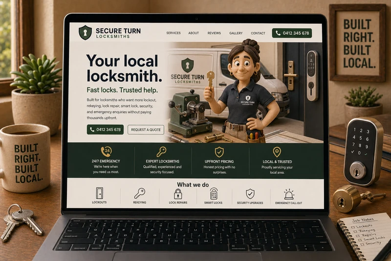Locksmith website mockup shown on a laptop
