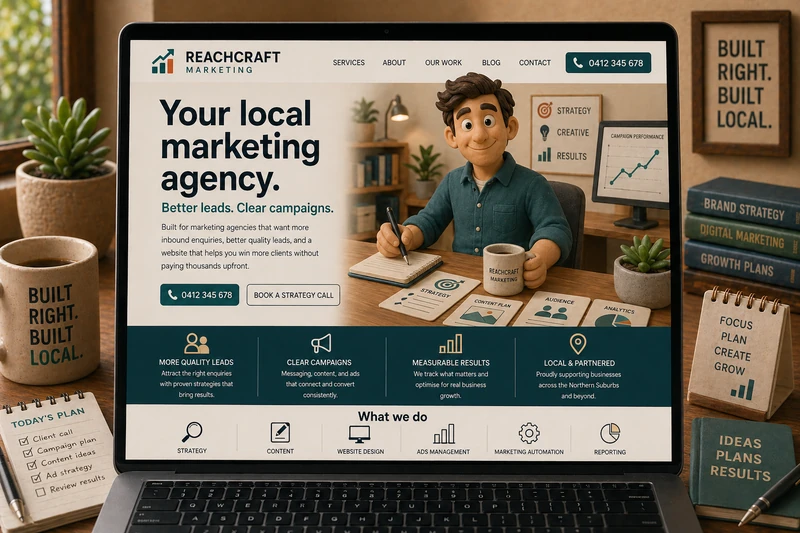 Marketing agency website mockup shown on a laptop