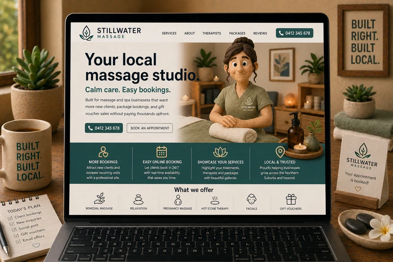 Massage and spa business website mockup shown on a laptop
