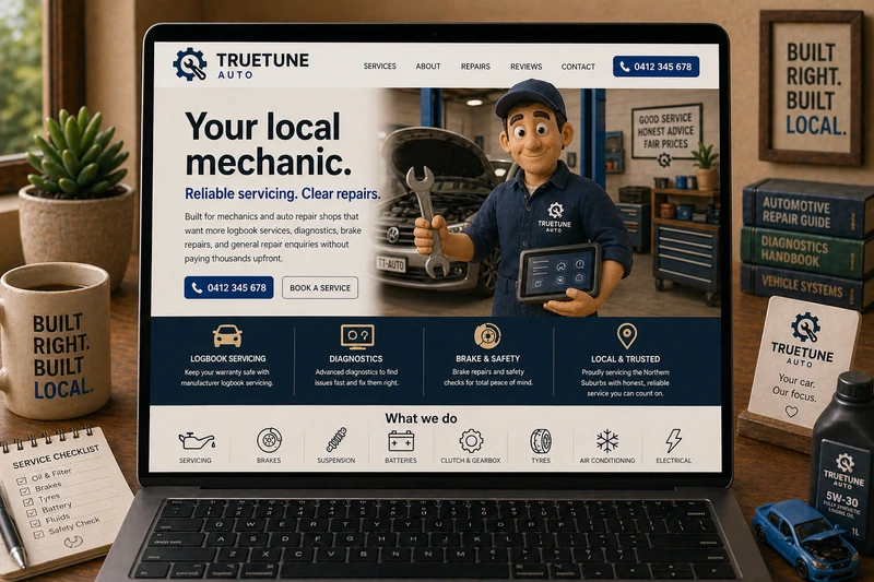 Mechanic website mockup shown on a laptop