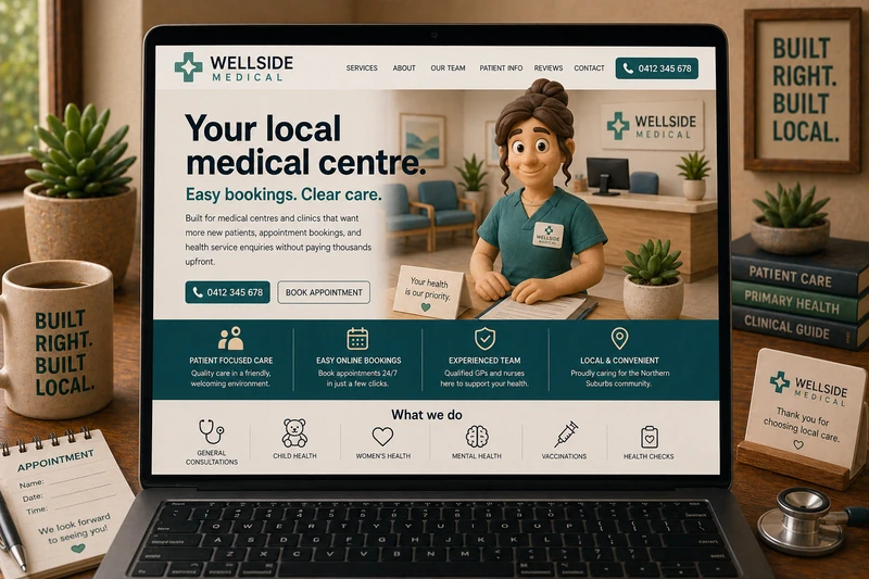 Medical centre website mockup shown on a laptop